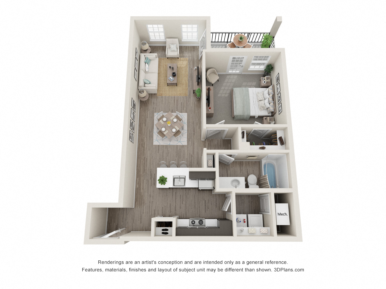 Floor plan for 1 bed, 1 bath, 785 sqft